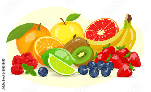 Fresh fruits and berries. Fresh fruits, Natural food, Detox, Healthy eating, Vegan concept. Isolated vector illustration for poster, banner, flyer, menu, cover, advertising.