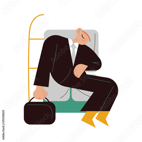 Sleepy businessman sitting in public transport and napping
