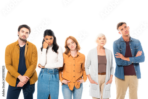 Sad multiethnic people looking at camera isolated on white