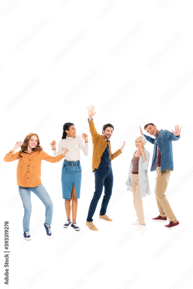 Cheerful multiethnic businesspeople showing yes and waving hands at camera isolated on white Cheerful multiethnic businesspeople showing yes and waving hands at camera isolated on white