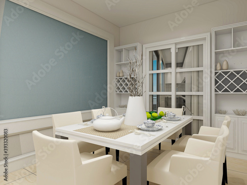 Fototapeta Naklejka Na Ścianę i Meble -  spacious dining room design next to the modern kitchen, with a beautiful dining table and greenery