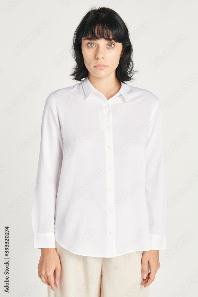 Woman wearing minimal pants with a white shirt mockup Woman wearing minimal pants with a white shirt mockup
