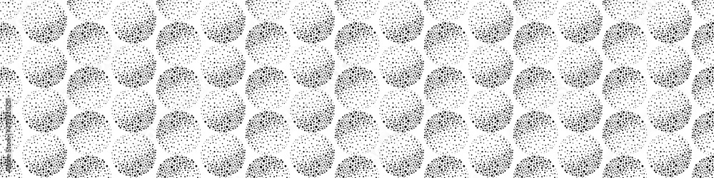 Vector border with abstract black and white dotted circles and texture shading effect. Seamless monochrome grunge style geometric banner. Round moon style sphere edging with hand drawn elements.