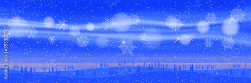 Winter vector illustration, banner. Trees at dawn, blizzard.