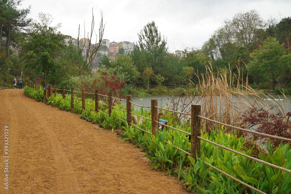 path to the lake in Ataturk Kent Forest in Istanbul, Turkey.