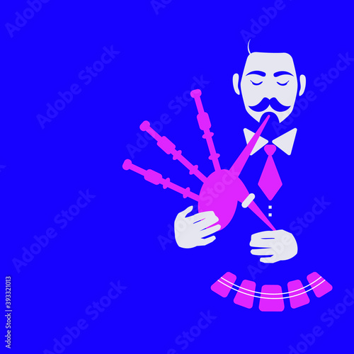 Scottish man bagpiper character in national traditional kilt with pink scottish musical instrument bagpipe. Vector isolated illustration on blue background. Modern flat design.