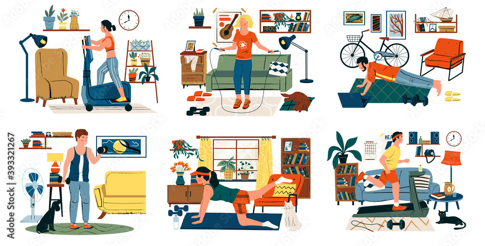 Young men and women doing exercises at home. Home workout during quarantine. Fitness and morning training in cozy interior. Young men and women doing exercises at home. Home workout during quarantine. Fitness and morning training in cozy interior.