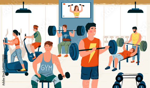 Sport's men and women doing exericeses at Gym. Body building men and fitness women lifring dumbell. Gym workout vector illustration.