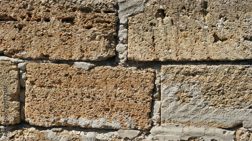 Brick wall of yellow shell rock. Closeup of shellstone texture. photo