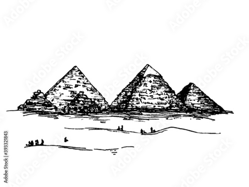 The Pyramids of Giza vector hand drawn black and white illustration 