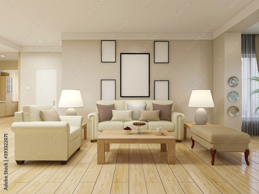 Fototapeta premium spacious living room design of modern residence, with sofa, tea table, decorative painting, etc