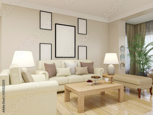 spacious living room design of modern residence  with sofa  tea table  decorative painting  etc