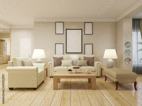 spacious living room design of modern residence  with sofa  tea table  decorative painting  etc