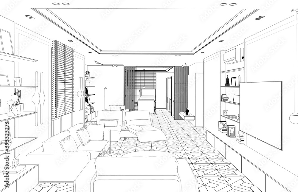 Fototapeta premium interior contour visualization, 3D illustration, sketch, outline