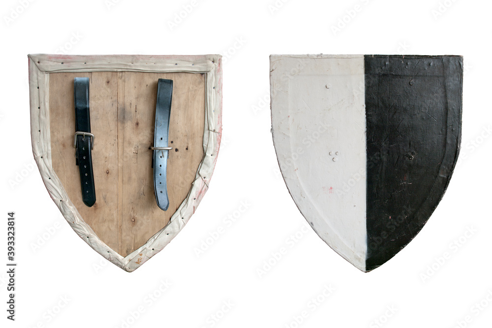 The front and back of a replica of a wooden medieval shield - obrazy, fototapety, plakaty 
