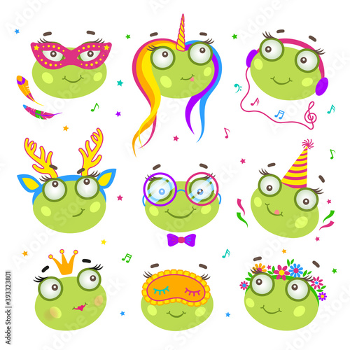 Set of charming frogs with decorative elements. A graphic template for post cards  banners  flyers  covers  textile or wallpaper for nursery. Creative design for holidays