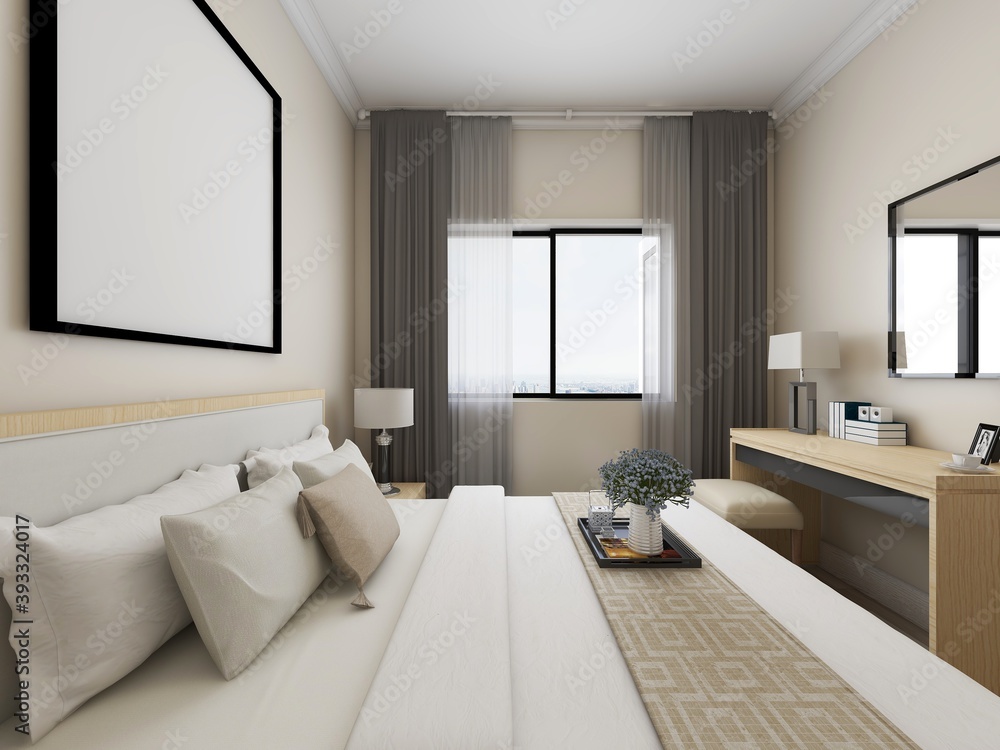 Fototapeta premium elegant and modern bedroom design, big bed with overcoat cabinet, coffee table
