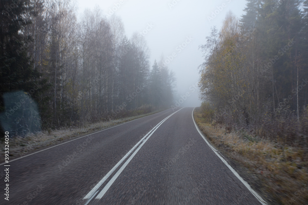 Poor visibility. The road is in heavy fog, along the edges of the road there is a forest. Autumn morning in November. Photo through the windshield of a car