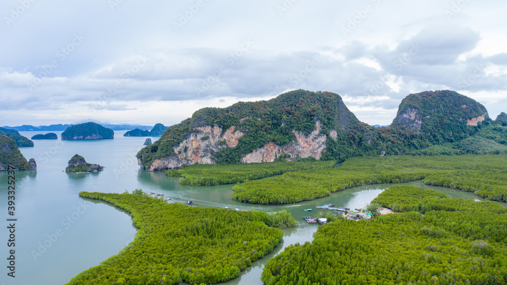 Aerial view Beautiful scene seascape of phang nga bay from samed nang chee mountain view point, Phang Nga, Thailand