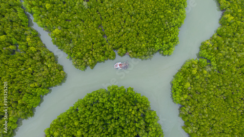 Aerial view of Samet Nangshe Viewpoint That overlooks the beautiful green mangrove, Phang Nga, Thailand