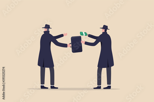 Fraudulent business, bribery, cheat and corruption or hacker who steal data and sell it on dark web concept, anonymous criminal guy with a lot of money buying stolen thing from other suspicious thief.