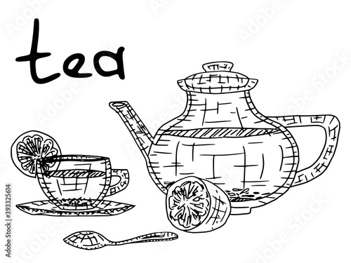 sketch drawing doodle with lemon and tea leaves
