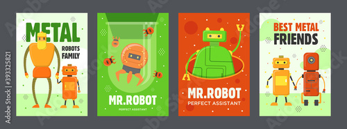 Robots posters set. Humanoids, cyborgs, electronic assistants vector illustrations with text. Robotics concept for flyers and brochures design