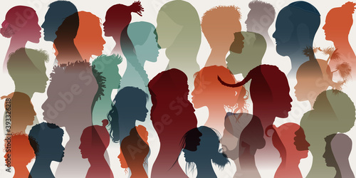 Crowd. Silhouette side group of men women girl of diverse cultures. Diversity multi-ethnic people. Racial equality and anti-racism. Multicultural and multiracial society. Allyship. Race