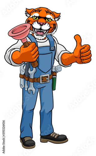 A tiger plumber cartoon mascot holding a toilet or sink plunger and giving a thumbs up