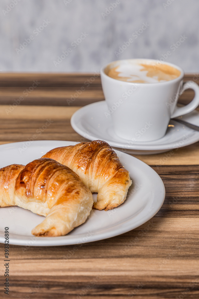 coffee with milk breakfast with croissants on wood coffee with milk breakfast with croissants on wood
