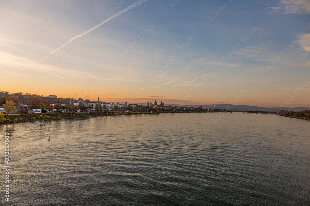 Panoramic picture over the river rhine and the German historic city of Mainz