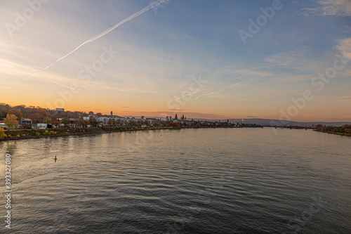 Panoramic picture over the river rhine and the German historic city of Mainz