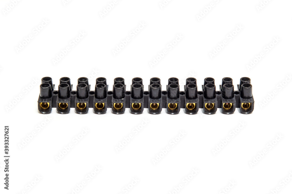 Black bar paired screw terminals for connecting wires on white background Black bar paired screw terminals for connecting wires on white background