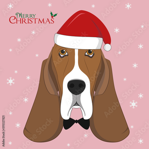 Christmas greeting card. Basset Hound dog with red Santa's hat and bow tie