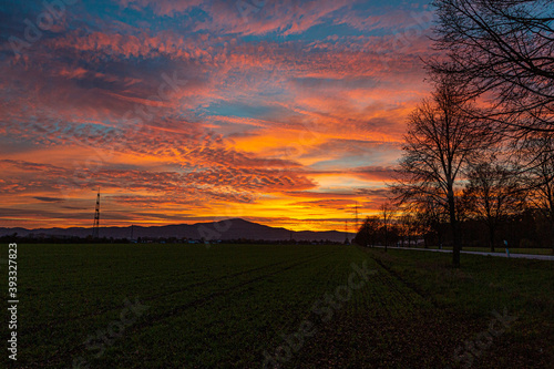 Image of a colorful and high-contrast sunrise with bright cloud formations and contours of power poles