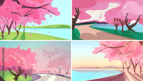 Sceneries with blooming sakura. Beautiful spring landscapes.
