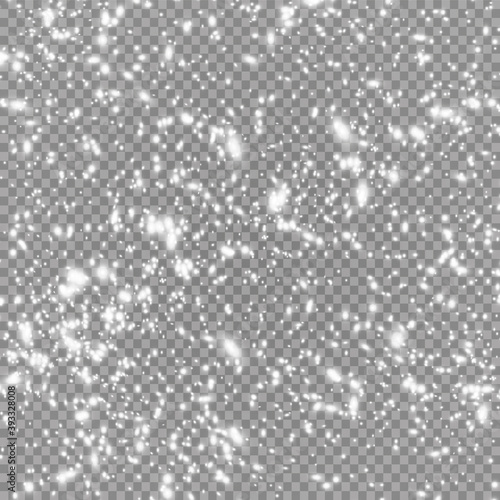 Vector heavy snowfall, snowflakes in different shapes and forms. Many white cold flake elements on transparent background. Snow falling, snow flakes background.