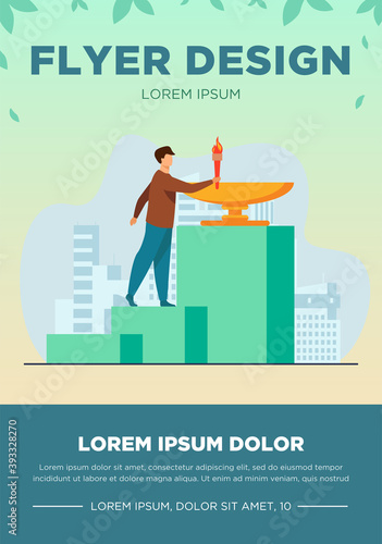 Man holding Olympic fire. Cityscape, torch, blaze flat vector illustration. Olympic games and entertainment concept for banner, website design or landing web page