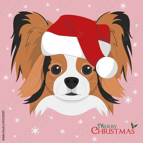 Christmas greeting card. Papillon dog with red Santa's hat