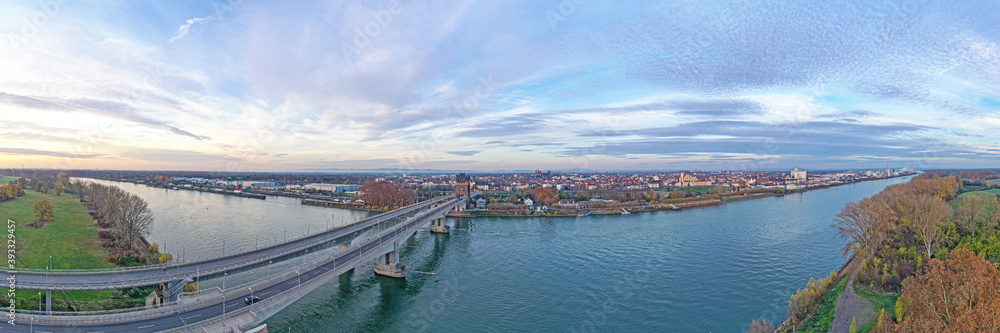 Aerial view of the Nibelungen Bridge in Worms with a view of the city gate