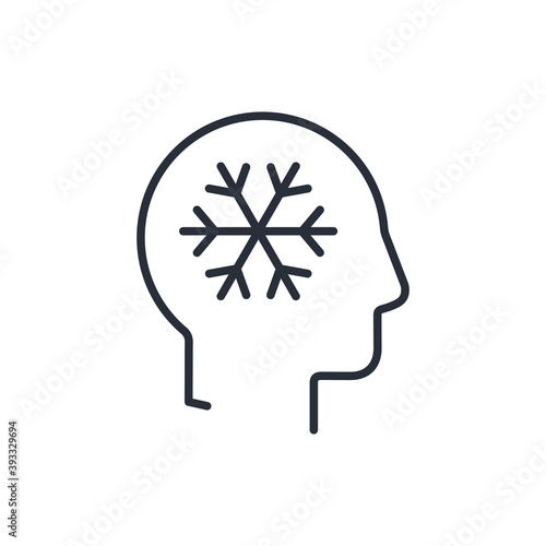 Human head with a snowflake sign. Cold head. Objective perception and rational thinking. Vector linear icon isolated on white background.
