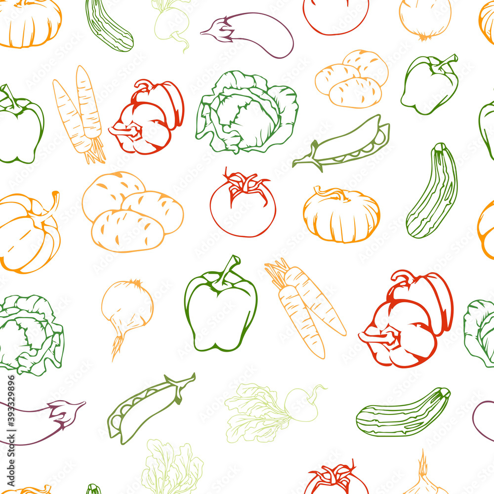 Seamless pattern fresh food pepper tomato cabbage eggplant pumpkin on  white background