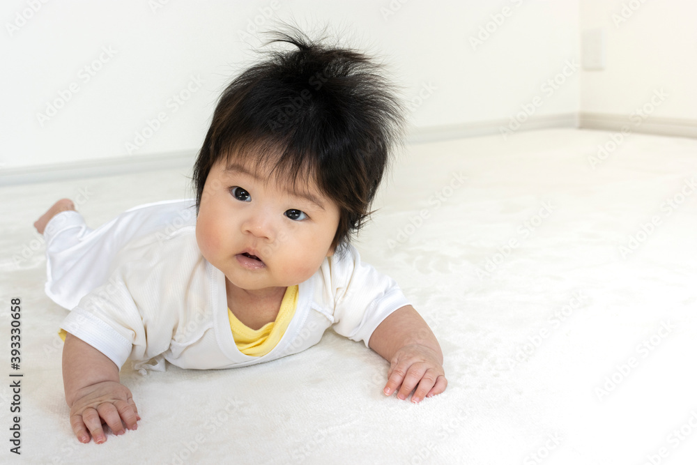 うつ伏せから頭を上げた赤ちゃん(0歳、生後4か月、女の子) うつ伏せから頭を上げた赤ちゃん(0歳、生後4か月、女の子)