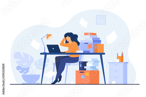 Tired overworked secretary or accountant working at laptop near pile of folders and throwing papers. Vector illustration for stress at work, workaholic, busy office employee concept