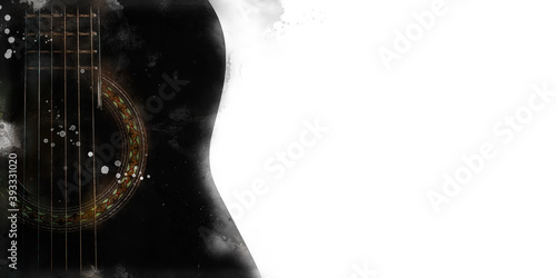 Part of the body of an acoustic guitar close-up. Watercolor on a white background, copy space. Music store concept, web banner, poster, signboard guitar lessons.