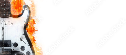 Part of an electric guitar on fire, watercolor. Copy space, white background.Burning guitar concept, heavy metal, party invitation, web banner, guitar lessons.