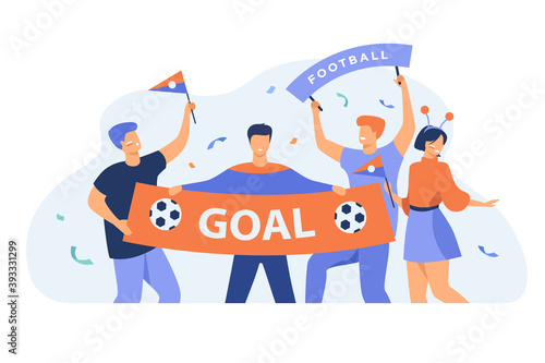 Open-air soccer fans holding large banner with goal isolated flat vector illustration. Cartoon group of active people cheering for football team. Sport game and celebration concept