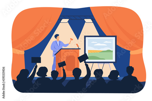 Man holding gavel behind special stand and selling picture flat vector illustration. Cartoon crowd of buyer raising hands and bidding price. Art auction and painting gallery concept