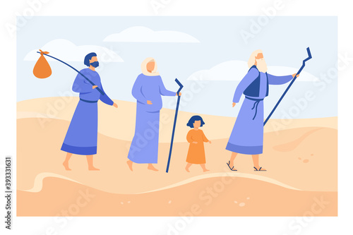 Moses leading Israelites across desert towards Promised Land flat vector illustration. Christian ancient prophet showing way through sands to characters. Bible narratives and religion concept
