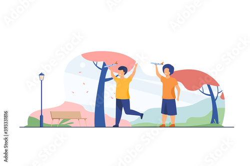 Happy kids playing with toy planes in fall park. Boys practicing aeromodelling hobby flat vector illustration. Leisure, activity, development concept for banner, website design or landing web page